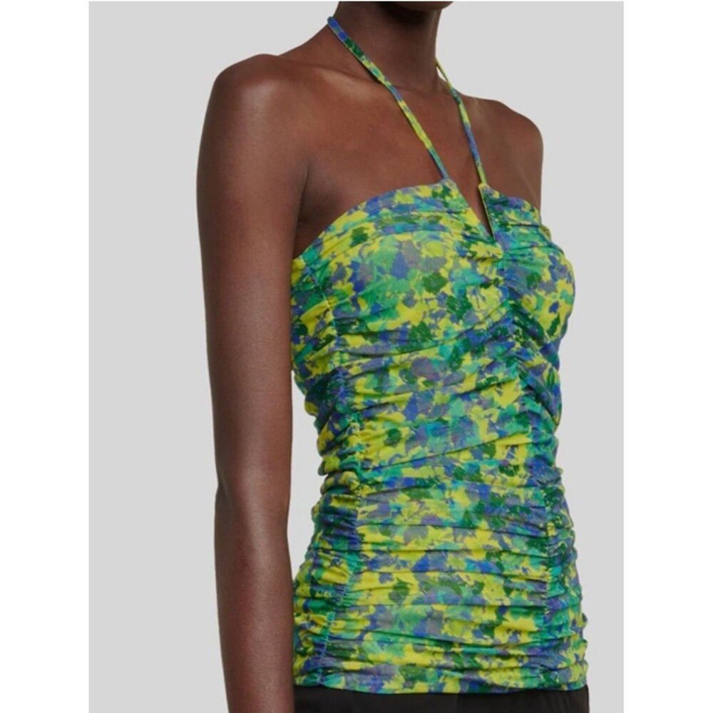 Ganni Neon Blue & Green Floral Ruched Halter Top